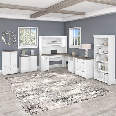 Bush Furniture Fairview 60"W L Shaped Desk with Hutch, Bookcase, Storage and File Cabinets, Shiplap Gray/Pure White (FV014G2W)