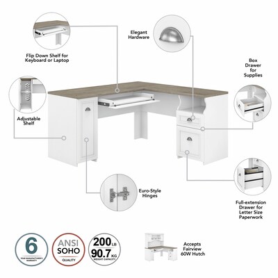 Bush Furniture Fairview 60"W L Shaped Desk with Hutch, Bookcase, Storage and File Cabinets, Shiplap Gray/Pure White (FV014G2W)