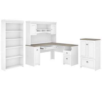Bush Furniture Fairview 60" L-Shaped Desk with Hutch, 5-Shelf Bookcase and Storage, Shiplap Gray/Pure White (FV011G2W)