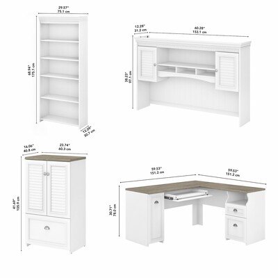Bush Furniture Fairview 60" L-Shaped Desk with Hutch, 5-Shelf Bookcase and Storage, Shiplap Gray/Pure White (FV011G2W)