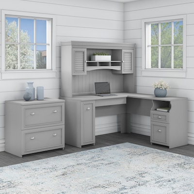 Bush Furniture Fairview 60"W L Shaped Desk with Hutch and Lateral File Cabinet, Cape Cod Gray (FV003CG)