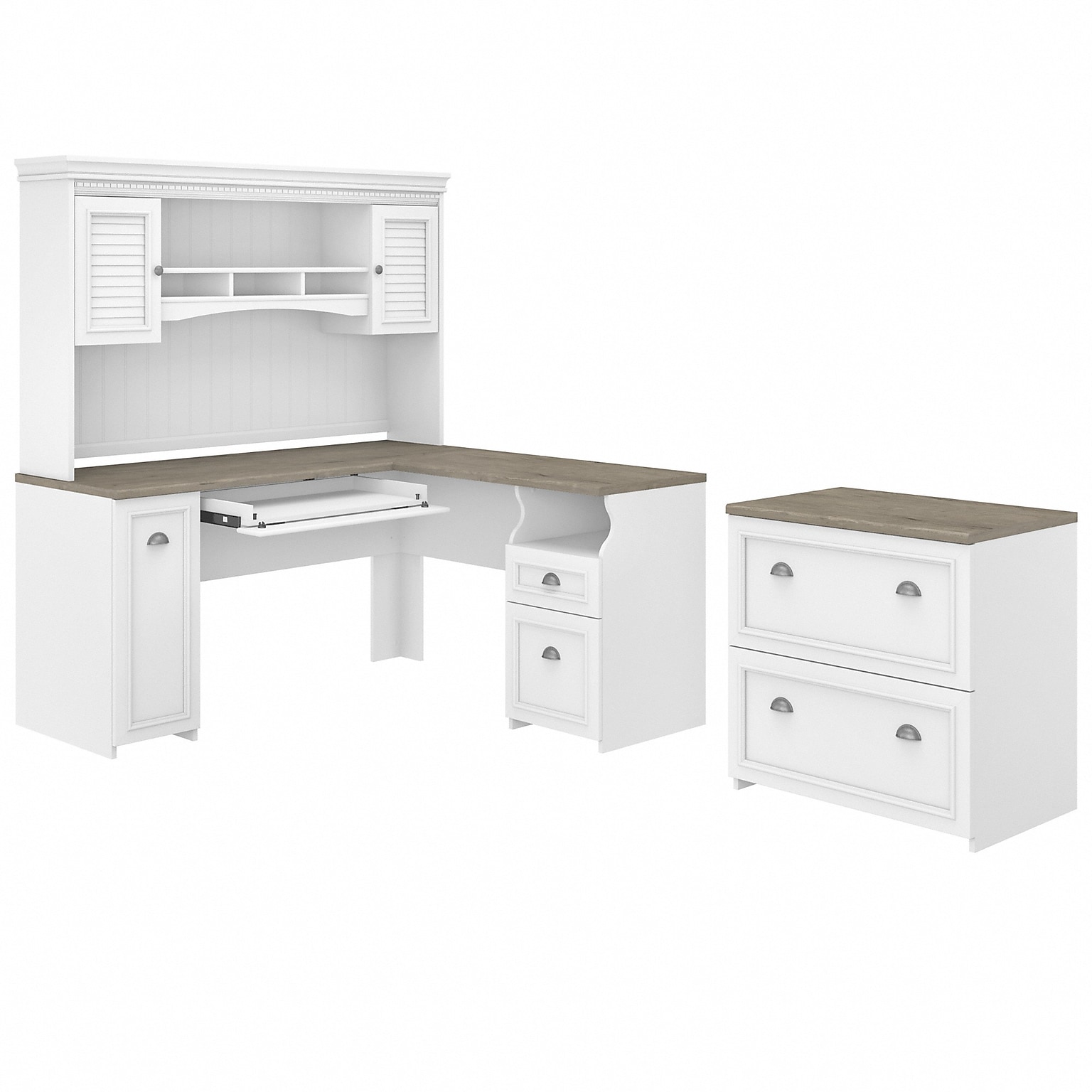 Bush Furniture Fairview 60W L Shaped Desk with Hutch and Lateral File Cabinet, Shiplap Gray/Pure White (FV003G2W)