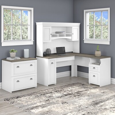 Bush Furniture Fairview 60"W L Shaped Desk with Hutch and Lateral File Cabinet, Shiplap Gray/Pure White (FV003G2W)