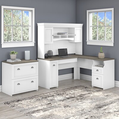 Bush Furniture Fairview 60W L Shaped Desk with Hutch and Lateral File Cabinet, Shiplap Gray/Pure Wh