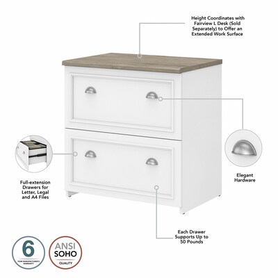 Bush Furniture Fairview 60"W L Shaped Desk with Hutch and Lateral File Cabinet, Shiplap Gray/Pure White (FV003G2W)