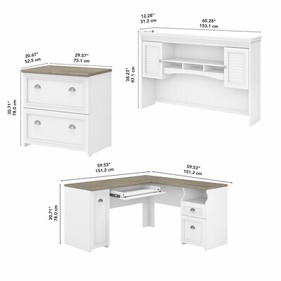 Bush Furniture Fairview 60"W L Shaped Desk with Hutch and Lateral File Cabinet, Shiplap Gray/Pure White (FV003G2W)