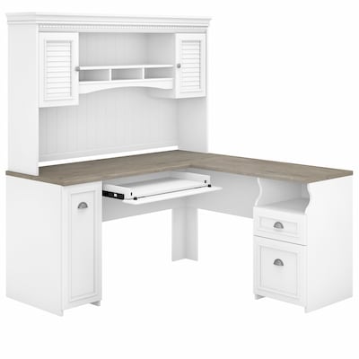 Bush Furniture Fairview 60W L Shaped Desk with Hutch, Shiplap Gray/Pure White (FV004G2W)