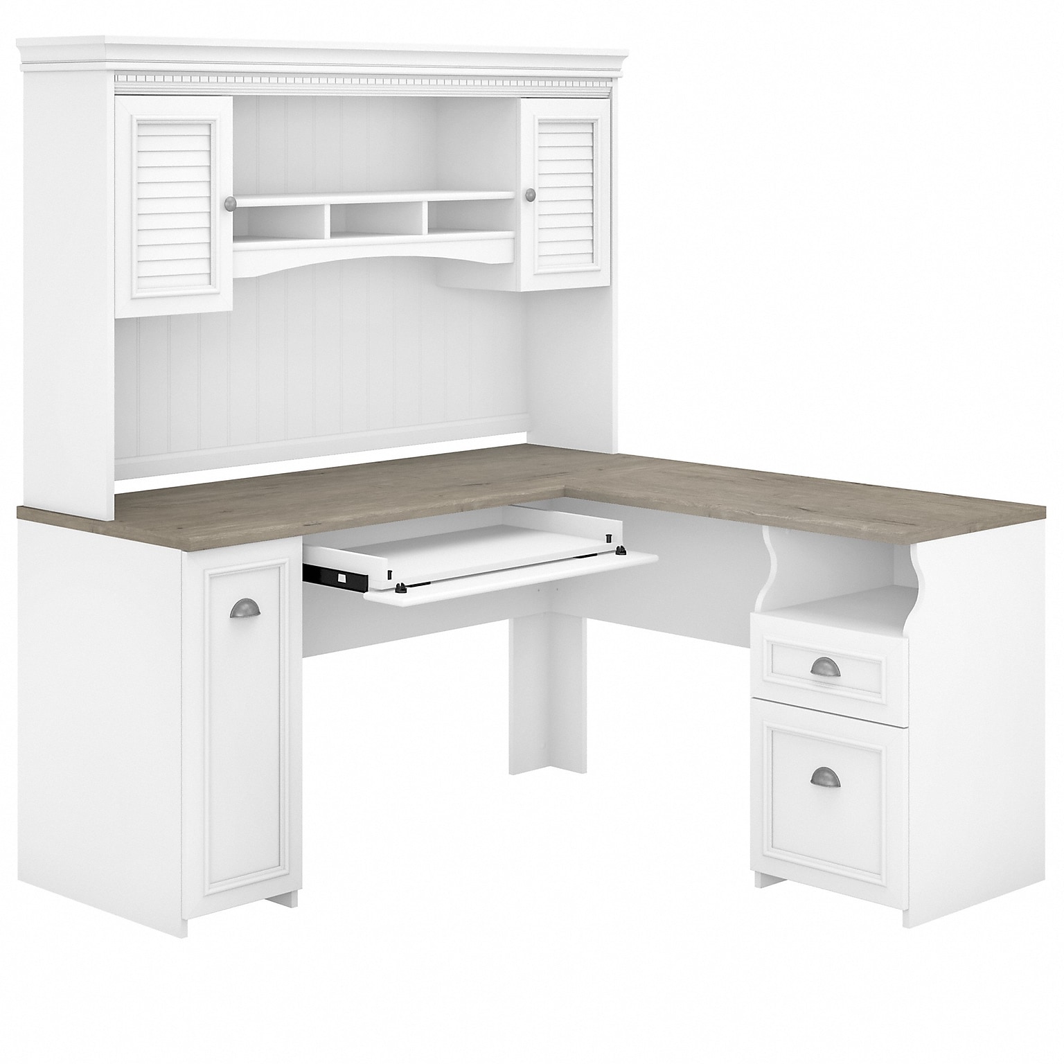 Bush Furniture Fairview 60W L Shaped Desk with Hutch, Shiplap Gray/Pure White (FV004G2W)