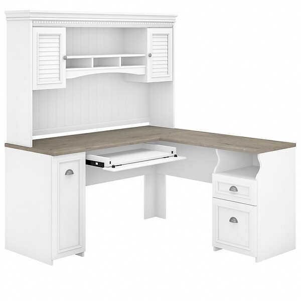 Bush Furniture Fairview 60 L-Shaped Desk with Hutch, Shiplap Gray/Pure White (FV004G2W)