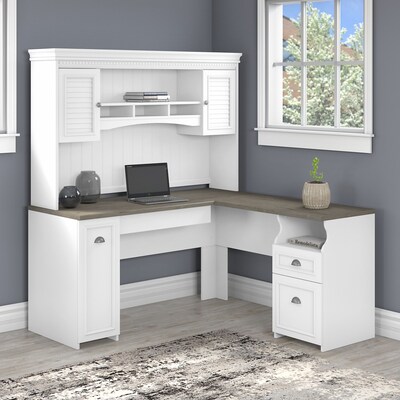 Bush Furniture Fairview 60W L Shaped Desk with Hutch, Shiplap Gray/Pure White (FV004G2W)