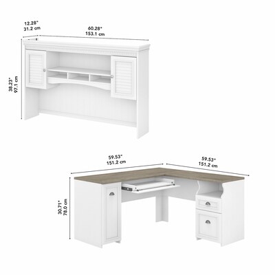 Bush Furniture Fairview 60"W L Shaped Desk with Hutch, Shiplap Gray/Pure White (FV004G2W)