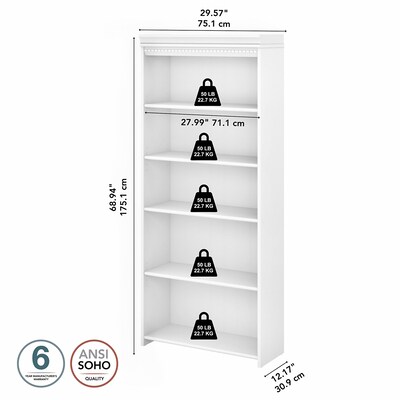 Bush Furniture Fairview 69"H 5-Shelf Bookcase with Adjustable Shelves, Shiplap Gray/Pure White Laminated Wood (WC53665-03)