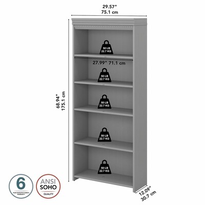 Bush Furniture Fairview 69"H 5-Shelf Bookcase with Adjustable Shelves, Cape Cod Gray Laminated Wood (WC53565-03)