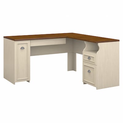 Bush Furniture Fairview 60W L Shaped Desk with Drawers and Storage Cabinet, Antique White/Tea Maple