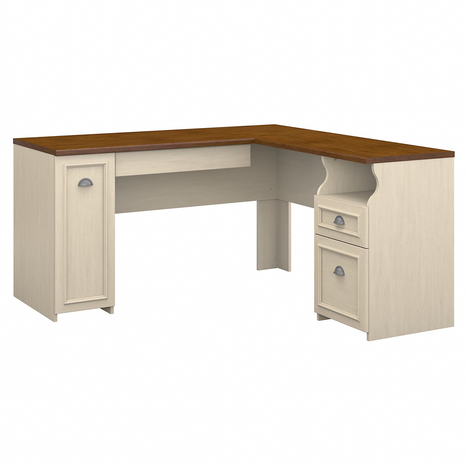 Bush Furniture Fairview 60W L Shaped Desk with Drawers and Storage Cabinet, Antique White/Tea Maple (WC53230-03K)