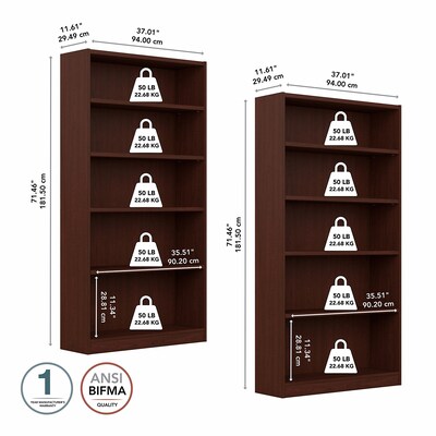 Bush Furniture Universal 72"H 5-Shelf Bookcase with Adjustable Shelves, Vogue Cherry, 2/Set (UB003VC)