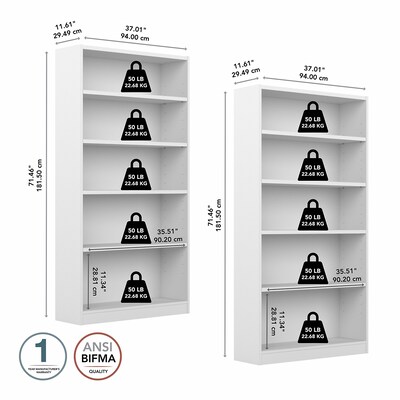 Bush Furniture Universal 72"H 5-Shelf Bookcase, Pure White, 2/Set (UB003PW)