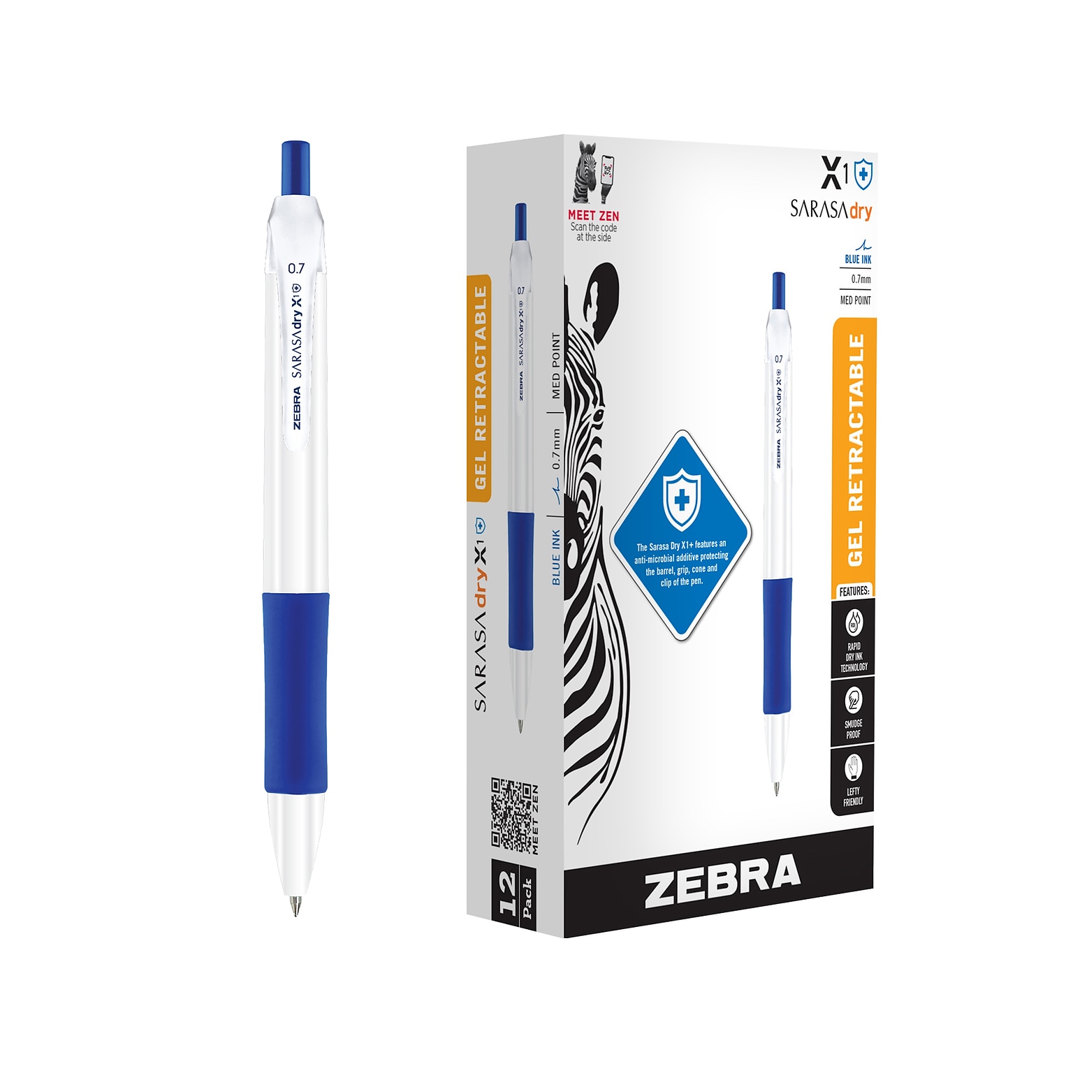 Zebra Sarasa Dry X1+ Retractable Gel Pen, Medium Point, 0.7mm, Blue Ink, Dozen (41520)