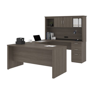 Bestar Logan 66"W U or L-Shaped Executive Office Desk with Pedestal and Hutch, Bark Grey (46410-47)