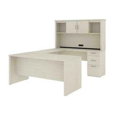 Bestar Logan 66W U or L-Shaped Executive Office Desk with Pedestal and Hutch, White Chocolate (4641