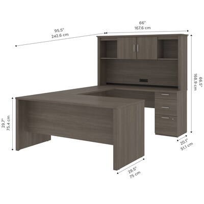 Bestar Logan 66"W U or L-Shaped Executive Office Desk with Pedestal and Hutch, Bark Grey (46410-47)