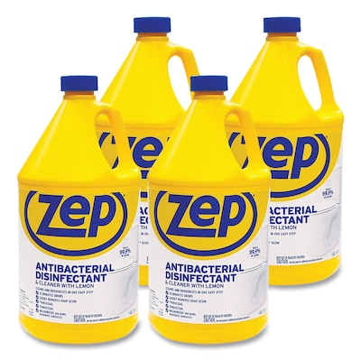 Zep Antibacterial Disinfectant and Cleaner, Lemon Scent, 1 Gallon, 4/Carton (ZPEZUBAC128CT)