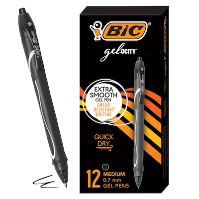 BIC Gel-ocity Quick Dry Retractable Gel Pen, Medium Point, 0.7 mm, Black Ink, 12/Pack (RGLCG11-BLK)