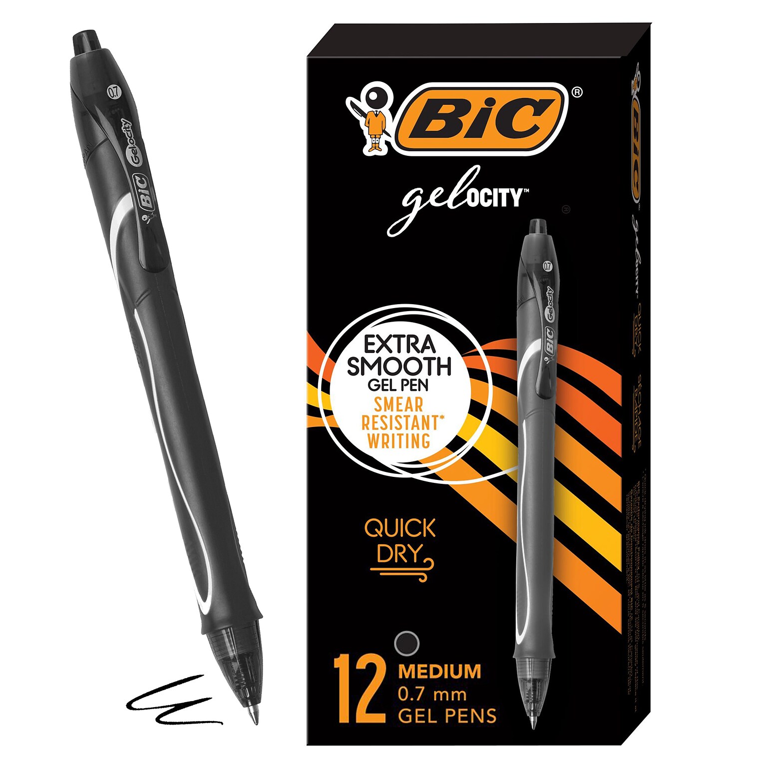 BIC Gel-ocity Quick Dry Retractable Gel Pen, Medium Point, 0.7 mm, Black Ink, 12/Pack (RGLCG11-BLK)