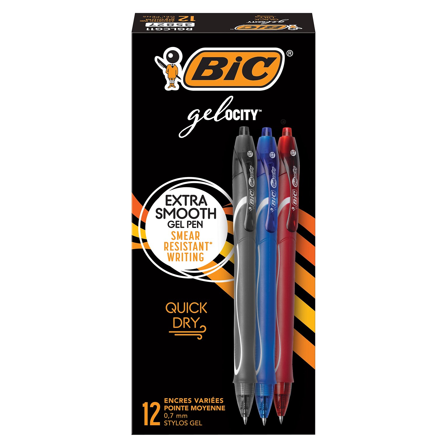 BIC Gel-ocity Quick Dry Gel Pen, Medium Point, 0.7 mm, Assorted Ink, 12/Pack (RGLCG11-AST)