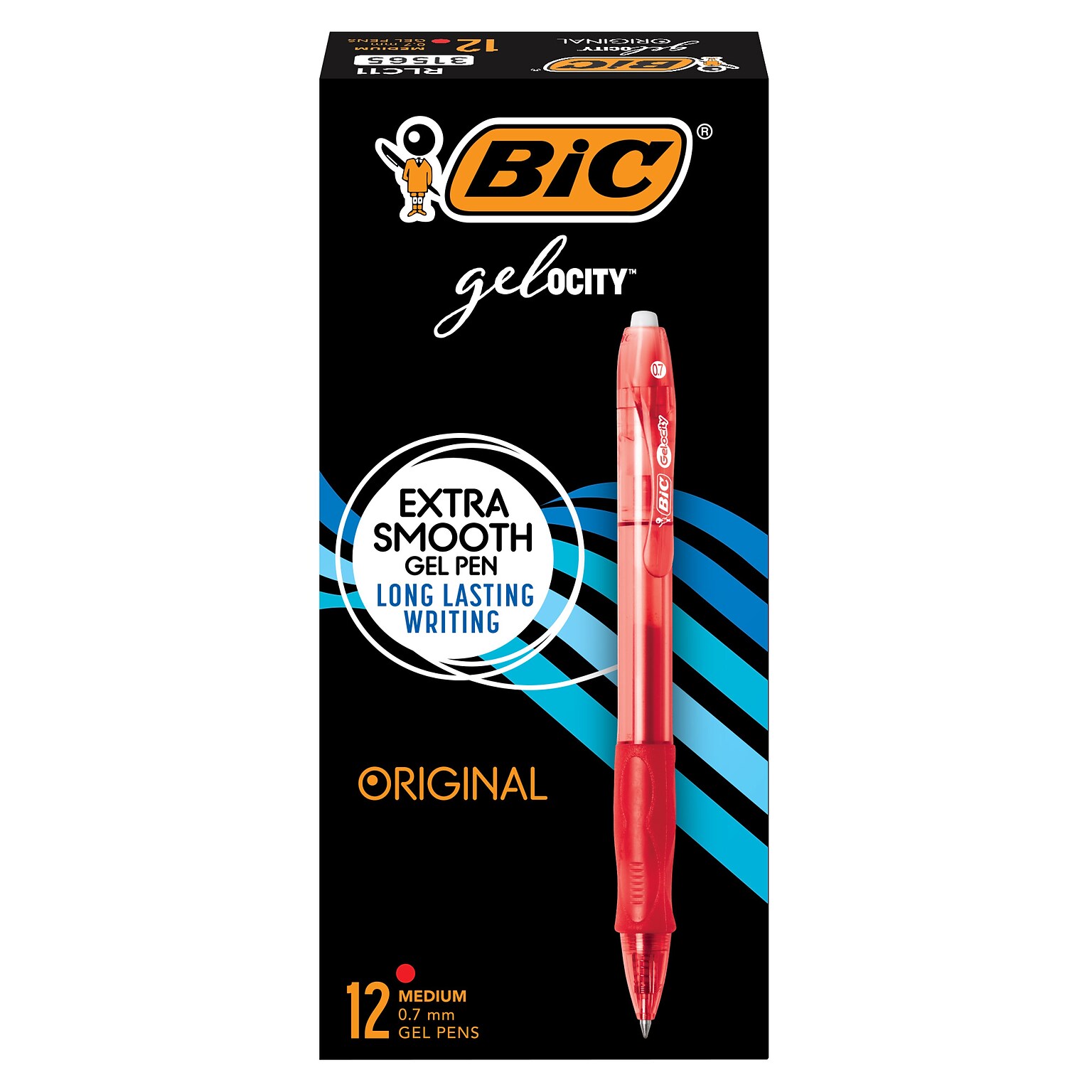 BIC Gel-ocity Original Retractable Gel Pens, Medium Point, 0.7 mm, Red Ink, 12/Pack (RLC11-RED)