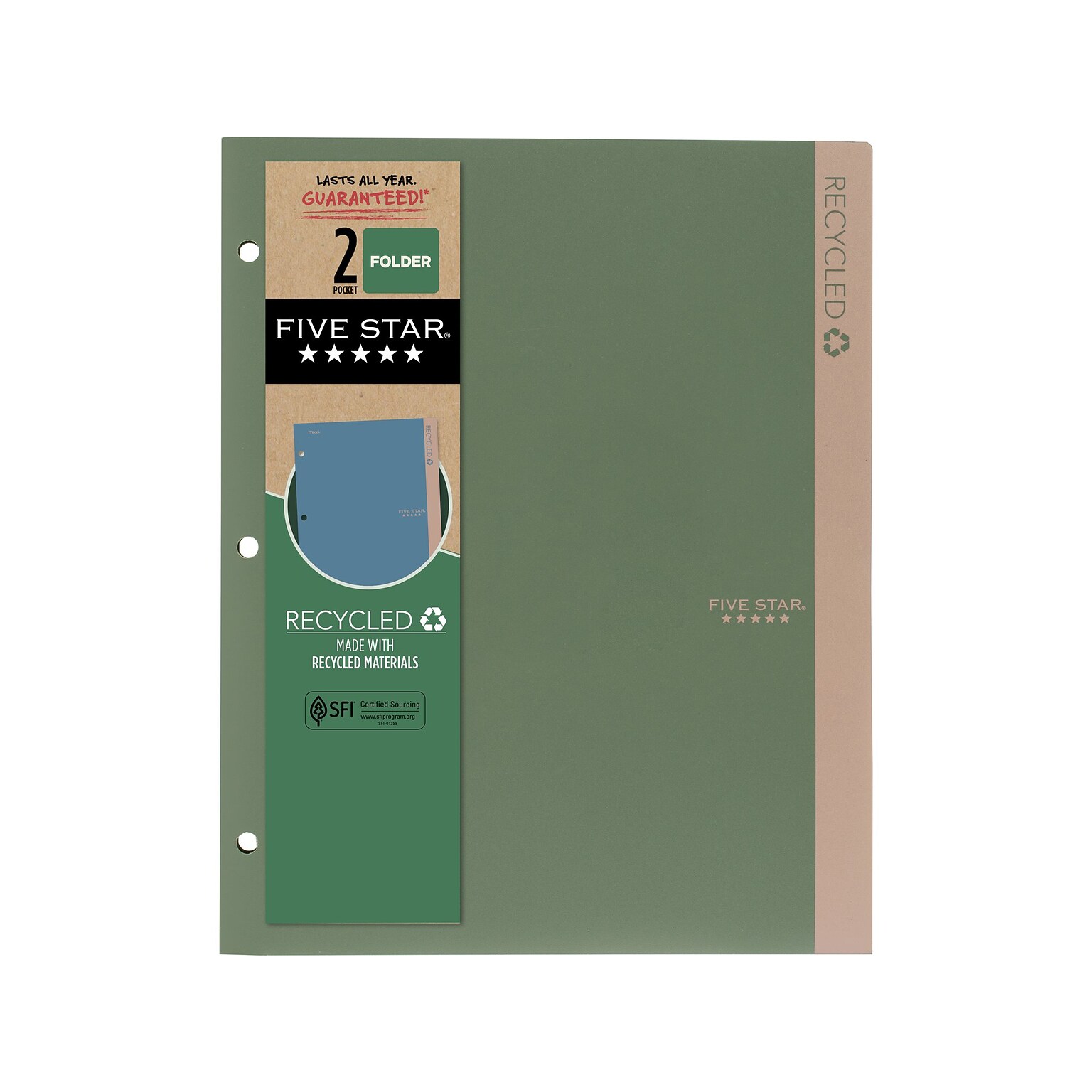 Five Star 100% Recycled 3-Hole Punched 2-Pocket Paper Folder, Assorted Colors (330027-22)