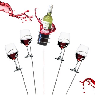 Mind Reader Picnic Wine Bottle and Glass Holder Sticks, 5 Piece Set (WSTIX5-SIL)