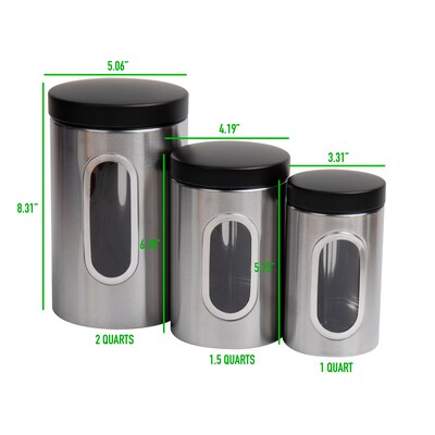 Mind Reader Metal 3-Piece Canister Set Kitchen Storage Containers, Silver with Black (CANWIND3-BLK)