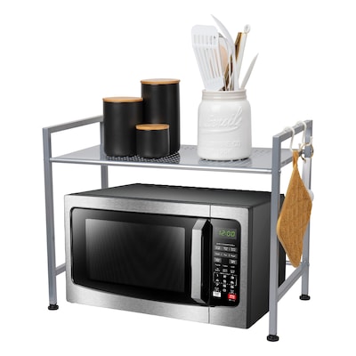 Mind Reader Metal Top Microwave Shelf Counter Unit with 2 Hooks