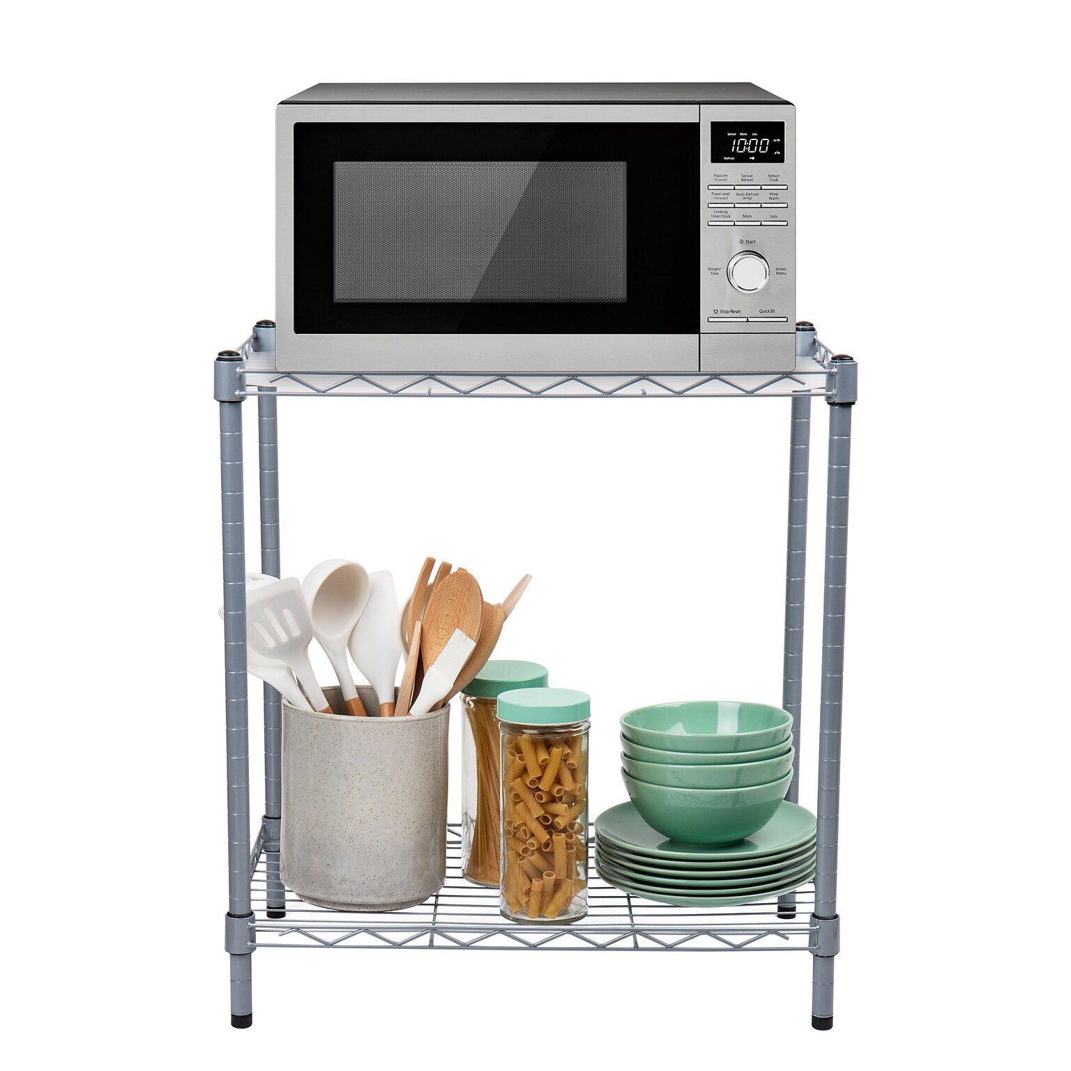 Mind Reader 2 Tier Microwave Shelf and Rack with 6 Hooks, Silver (COUMIC2T-SIL)