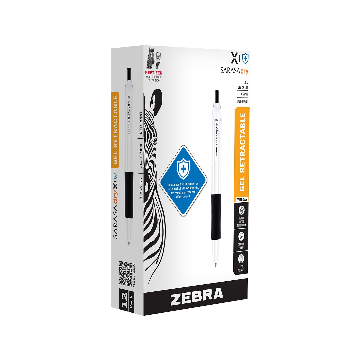 Zebra Sarasa Dry X1+ Retractable Gel Pen, Medium Point, 0.7mm, Black Ink, Dozen (41510)