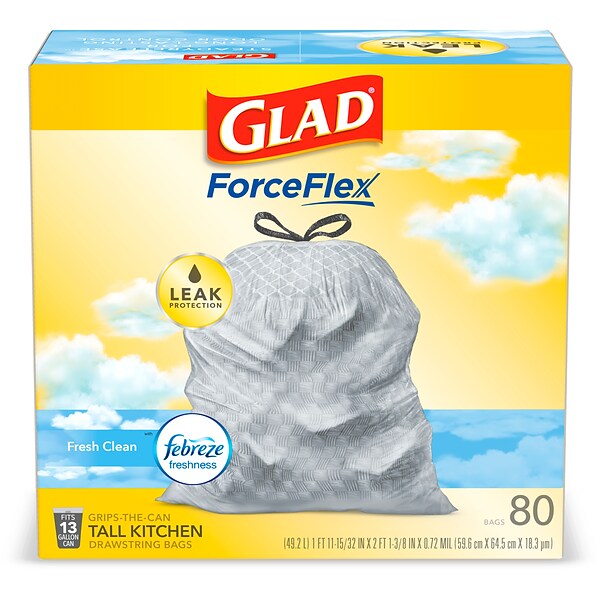 Glad® ForceFlex Tall Kitchen Drawstring Trash Bags, 13 Gallon, Fresh Clean Scent with Febreze Freshness, 80 Count (78899)