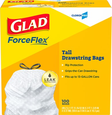 CloroxPro™ Glad ® ForceFlex Tall Kitchen Drawstring Trash Bags, 13 Gallon White Trash Bag, 100 Count
