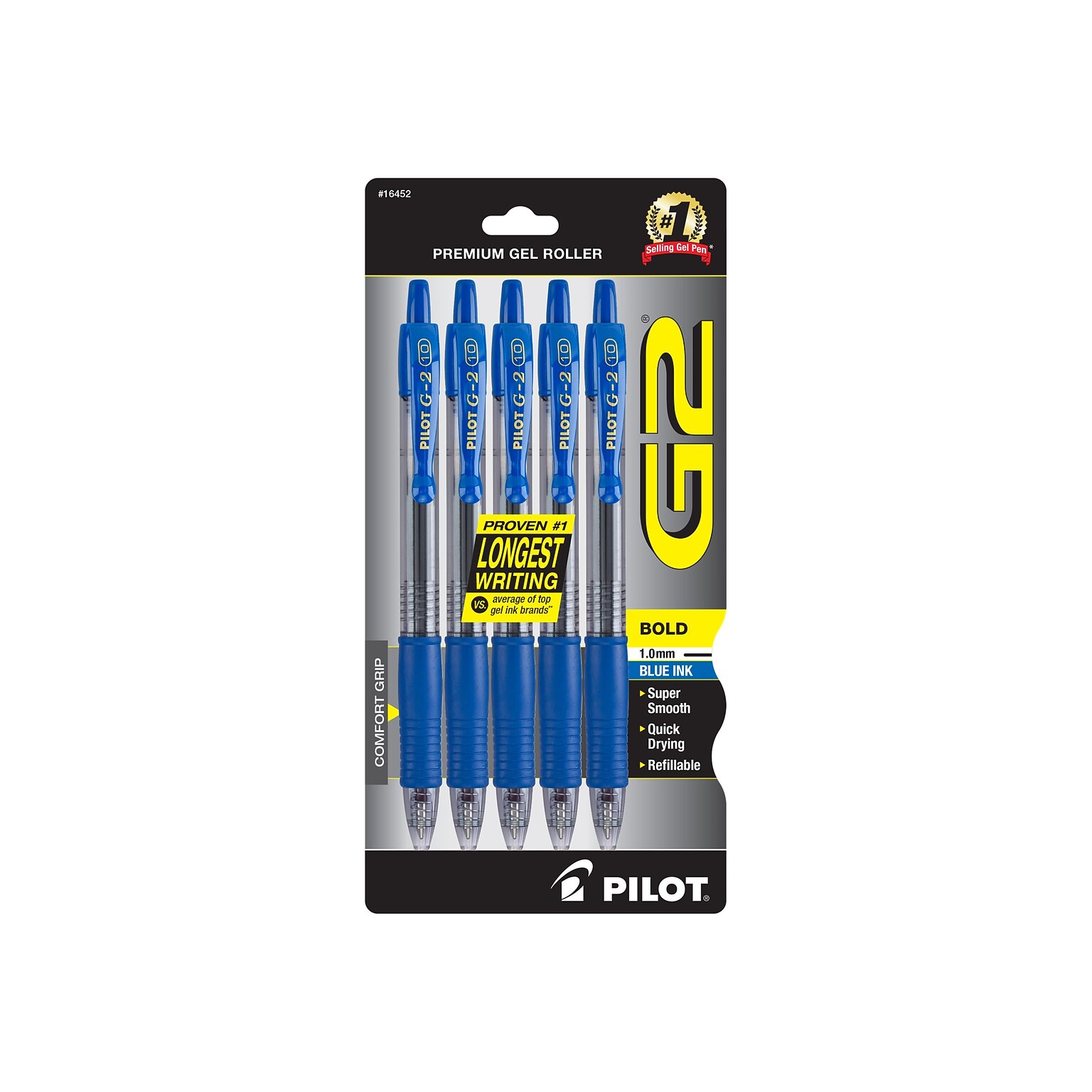 Pilot G2 Retractable Gel Pen, Bold Point, Blue Ink, 5/Pack (G21C5BLU)