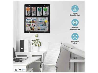 AdirOffice Wall Mounted Literature Holder Acrylic Magazine Rack with Adjustable Pockets, Black, 2/Pack (640-2023-BLK-2PK)