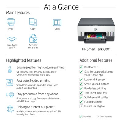 HP Smart Tank 6001 Inkjet Printer, All-in-One Supertank, Print/Copy/Scan (2H0B9A)