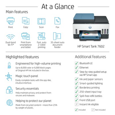 HP Smart Tank 7602 Inkjet Printer, All-in-One Supertank, Print