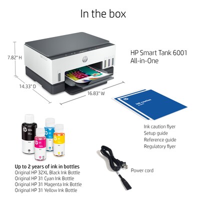 HP Smart Tank 6001 Inkjet Printer, All-in-One Supertank, Print/Copy/Scan (2H0B9A)