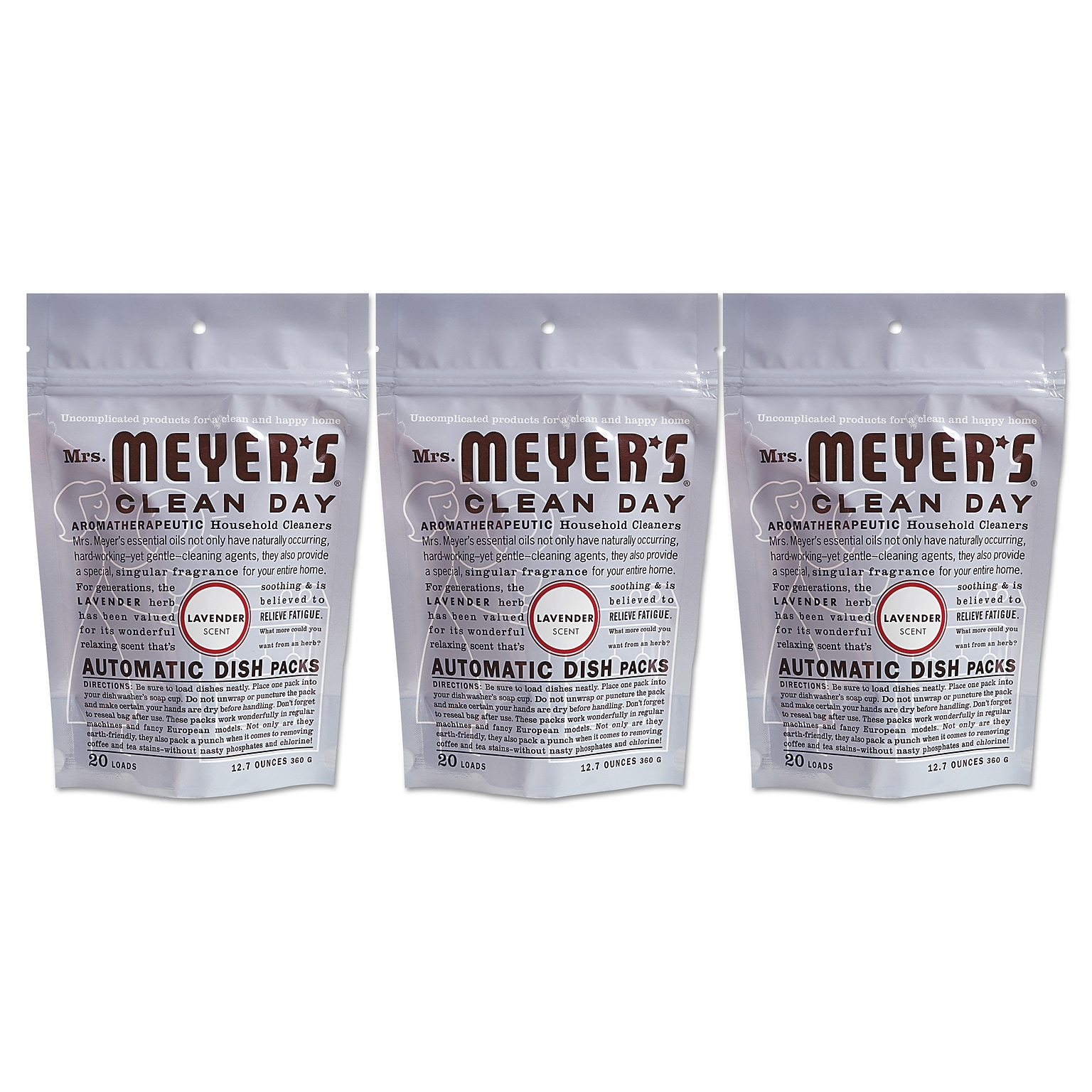 Mrs. Meyers® Automatic Dish Detergent, Lavender, 12.7 oz Pack, 20/Pack, 6 Packs/Carton