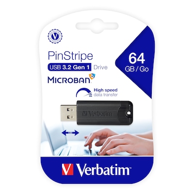 Verbatim PinStripe 64GB USB 3.2 Type-A Flash Drive, Black (49318)