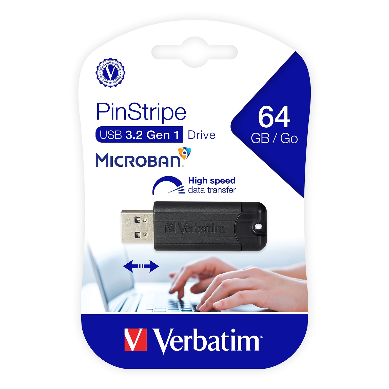 Verbatim PinStripe 64GB USB 3.2 Type-A Flash Drive, Black (49318)