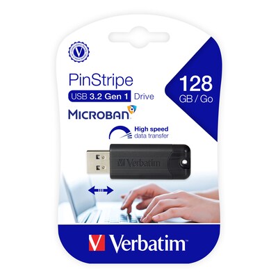 Verbatim PinStripe 128GB USB 3.2 Type A Flash Drive, Black (49319)