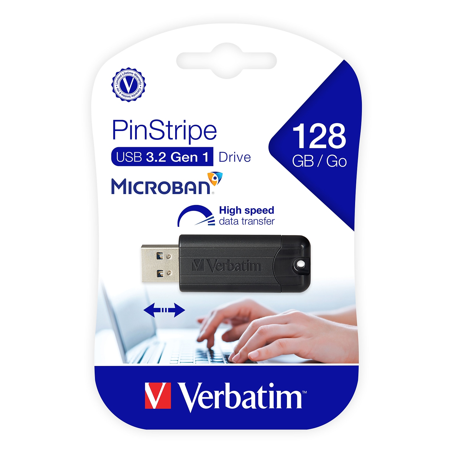 Verbatim PinStripe 128GB USB 3.2 Type A Flash Drive, Black (49319)