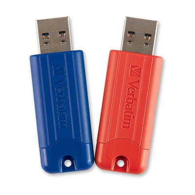 Verbatim PinStripe 32GB USB 3.2 Type A Flash Drive, Blue, Red, 2/Pack (70056)