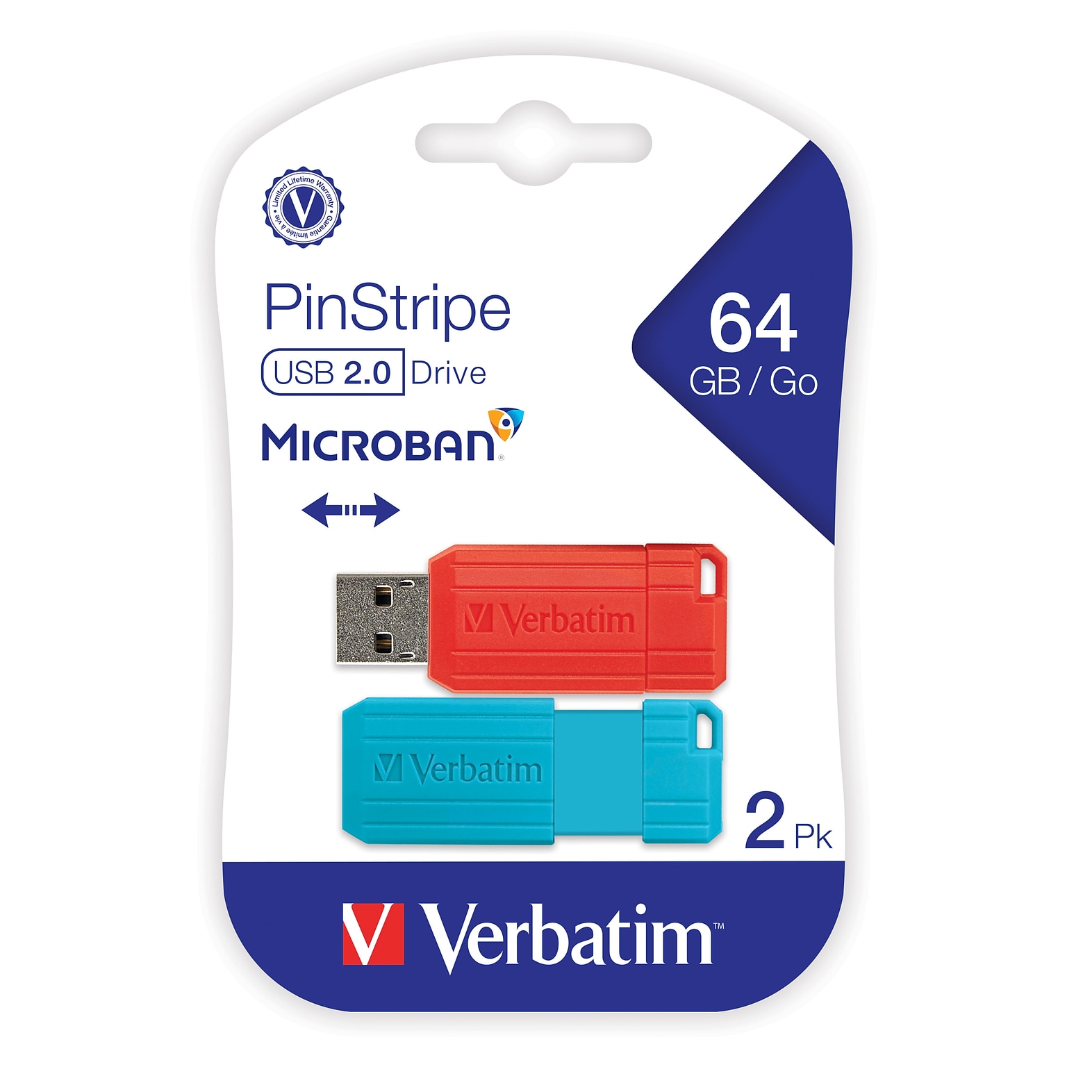 Verbatim PinStripe 64GB USB 2.0 Type A Flash Drive, Caribbean Blue, Red, 2/Pack (70059)